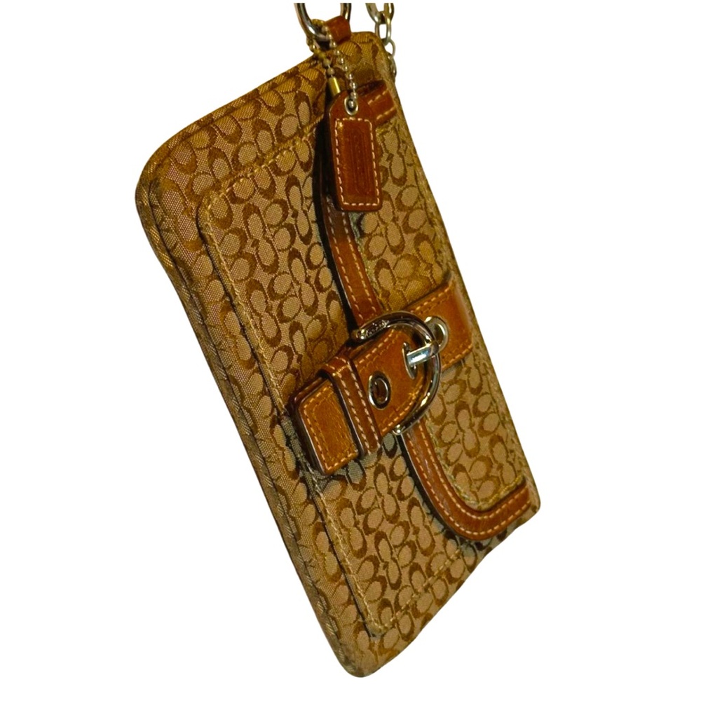 USED Coach Signature Mini C Buckle Clutch Pocket Brown Khaki Wristlet Wallet